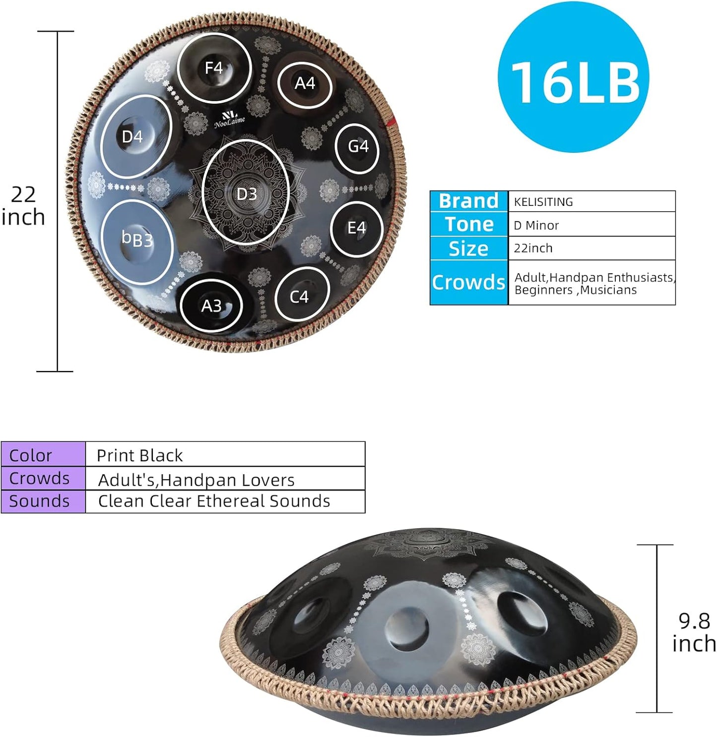 432HZ Handpan Set-Premium 22 Inches 9 Sounds D Minor Steel Hand Pan, Handpan Drum Instrument for Adults,Print Black