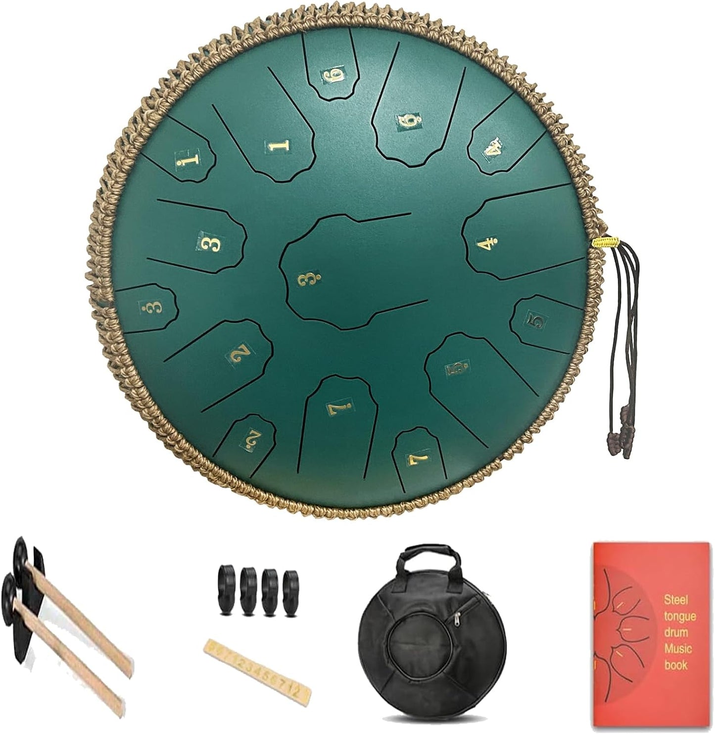 Steel Tongue Drum, 14 Inch 15 Notes Steel Drum, Adult's Ethereal Drum, D Major Percussion Instrument with Scale Stickers, Music Book,Double Mallets&Drum Bag, Olive-green