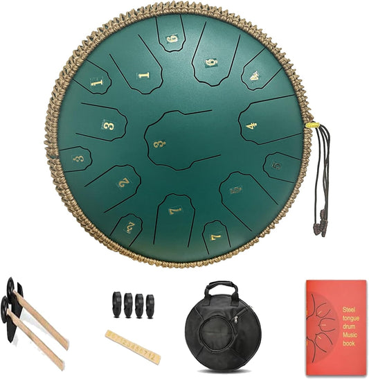 Steel Tongue Drum, 14 Inch 15 Notes Steel Drum, Adult's Ethereal Drum, D Major Percussion Instrument with Scale Stickers, Music Book,Double Mallets&Drum Bag, Olive-green