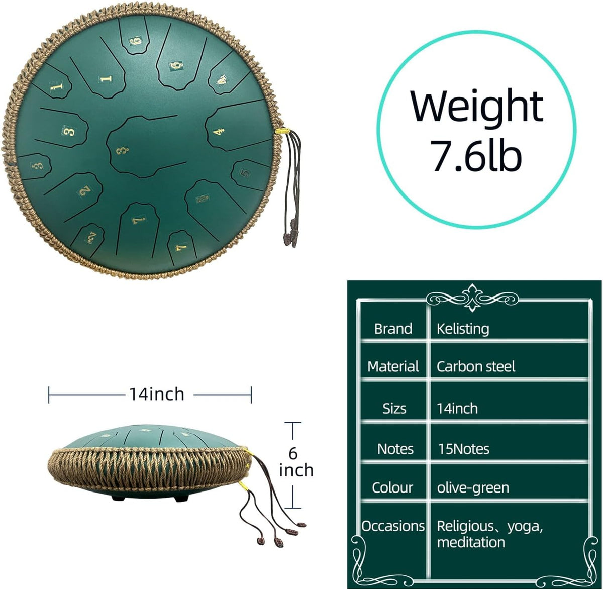 Steel Tongue Drum, 14 Inch 15 Notes Steel Drum, Adult's Ethereal Drum, D Major Percussion Instrument with Scale Stickers, Music Book,Double Mallets&Drum Bag, Olive-green