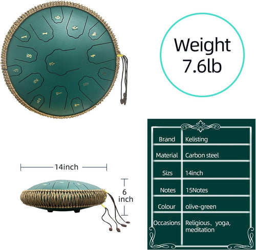 Steel Tongue Drum, 14 Inch 15 Notes Steel Drum, Adult's Ethereal Drum, D Major Percussion Instrument with Scale Stickers, Music Book,Double Mallets&Drum Bag, Olive-green