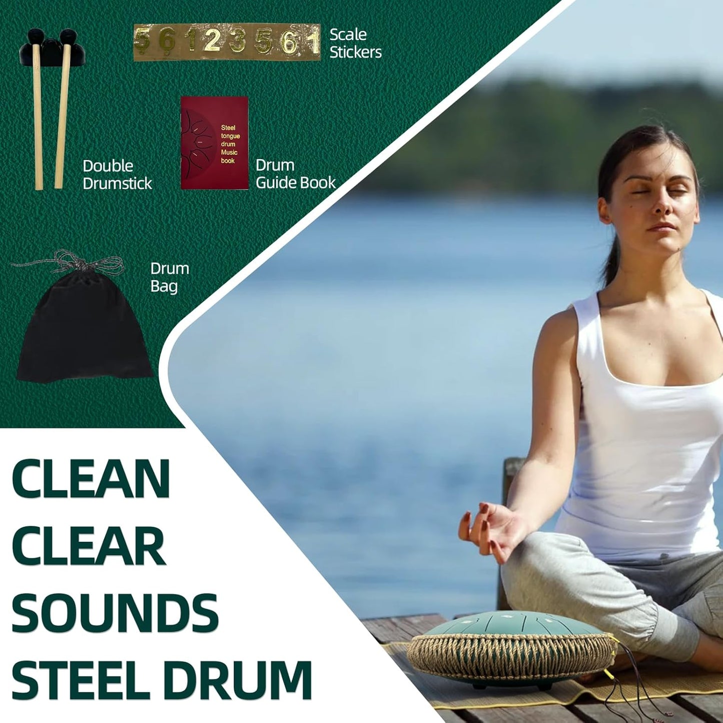 Steel Tongue Drum, 14 Inch 15 Notes Steel Drum, Adult's Ethereal Drum, D Major Percussion Instrument with Scale Stickers, Music Book,Double Mallets&Drum Bag, Olive-green
