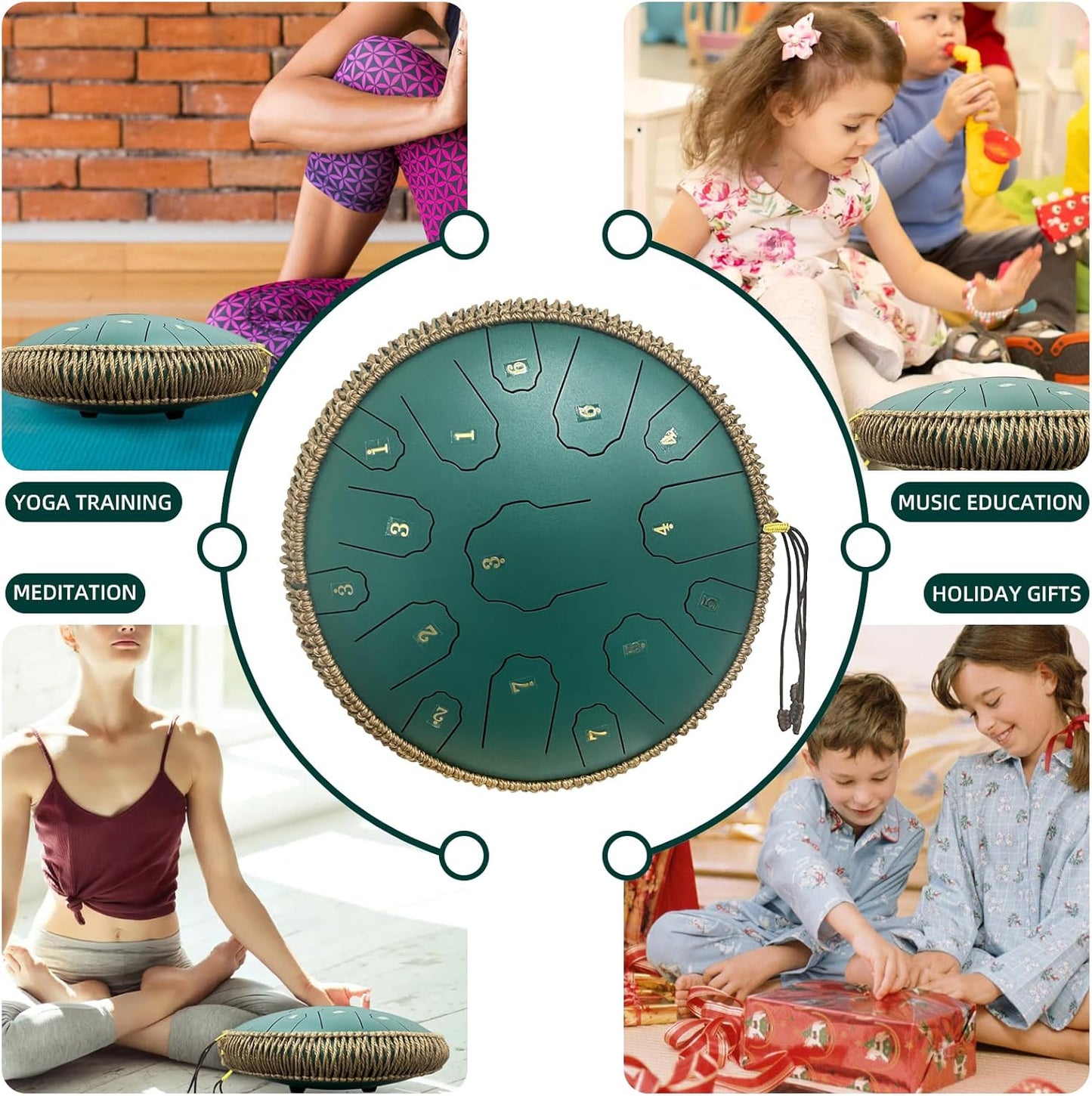 Steel Tongue Drum, 14 Inch 15 Notes Steel Drum, Adult's Ethereal Drum, D Major Percussion Instrument with Scale Stickers, Music Book,Double Mallets&Drum Bag, Olive-green