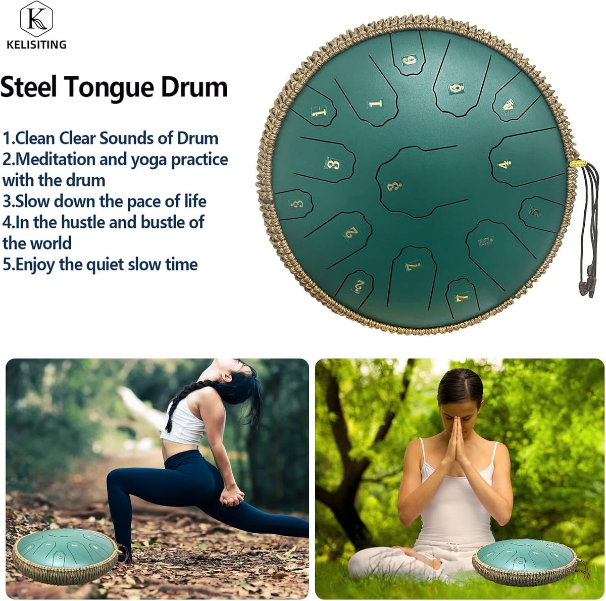 Steel Tongue Drum, 14 Inch 15 Notes Steel Drum, Adult's Ethereal Drum, D Major Percussion Instrument with Scale Stickers, Music Book,Double Mallets&Drum Bag, Olive-green