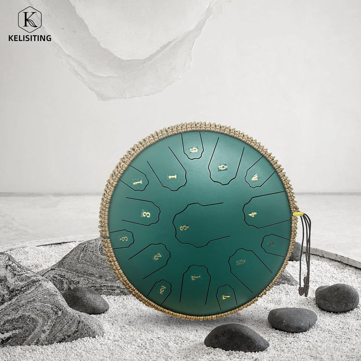 Steel Tongue Drum, 14 Inch 15 Notes Steel Drum, Adult's Ethereal Drum, D Major Percussion Instrument with Scale Stickers, Music Book,Double Mallets&Drum Bag, Olive-green