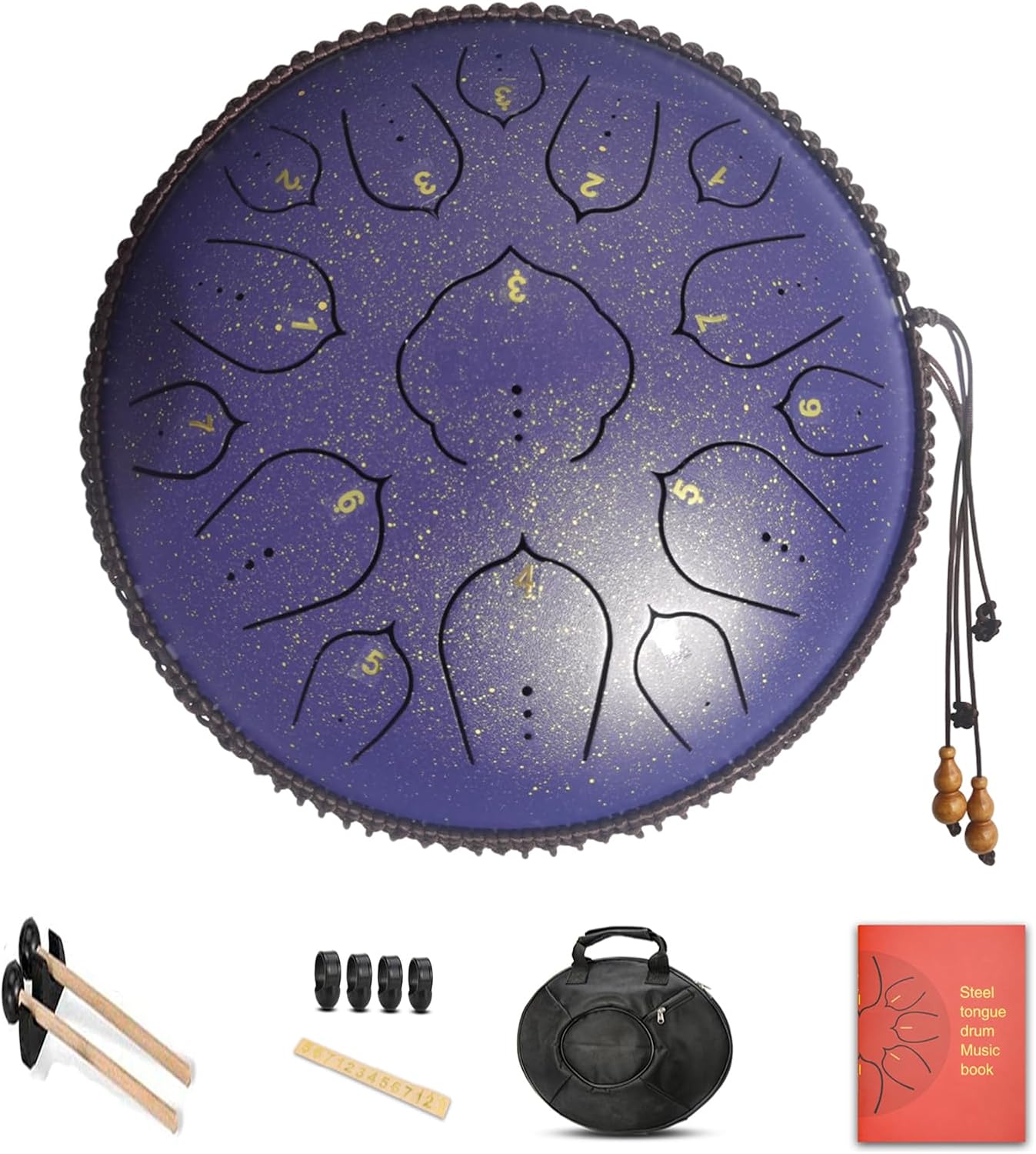 Steel Tongue Drum, 14 Inch 15 Notes Steel Drum, Adult's Ethereal Drum, D Major Percussion Instrument with Scale Stickers, Music Book,Double Mallets&Drum Bag, Starry-purple