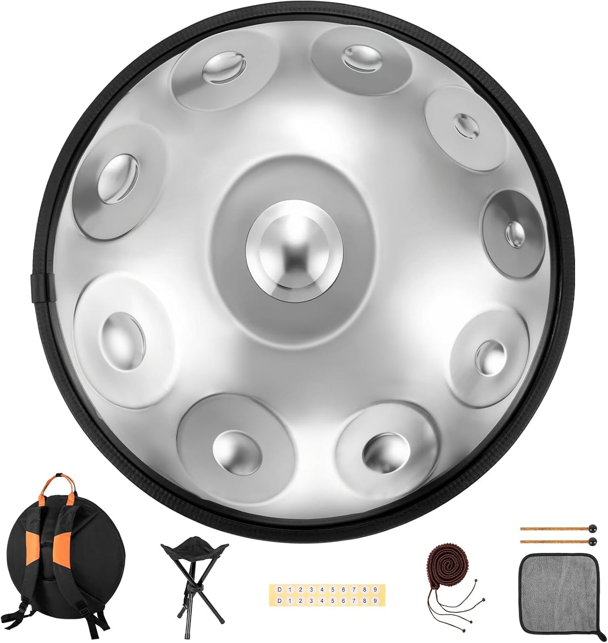 Professional 22 inches Handpan Drum 432Hz, 10 Notes D Minor Kurd (Silver) | ±3 Cents Precision, Nitrided Steel, 10.63" Enhanced Chamber, Superior Rust Resistance, Deep Ethereal Resonance, Complete Kit