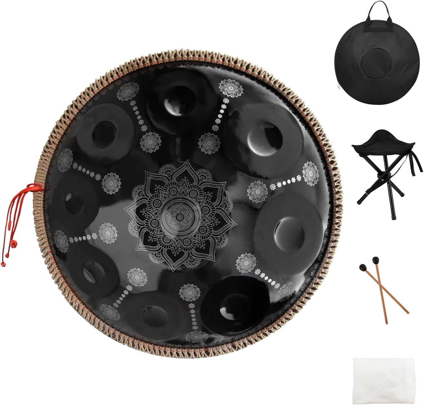 432HZ Handpan Set-Premium 22 Inches 9 Sounds D Minor Steel Hand Pan, Handpan Drum Instrument for Adults,Print Black
