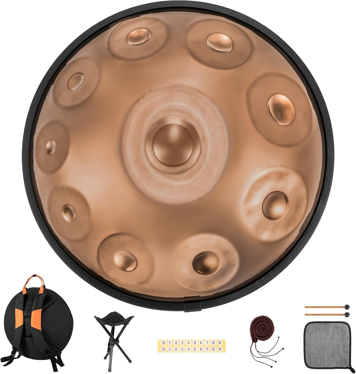 Professional 22 inches Handpan Drum 432Hz, 10 Notes D Minor Kurd (Gold) | ±3 Cents Precision, Nitrided Steel, 10.63" Enhanced Chamber, Superior Rust Resistance, Deep Ethereal Resonance, Complete Kit