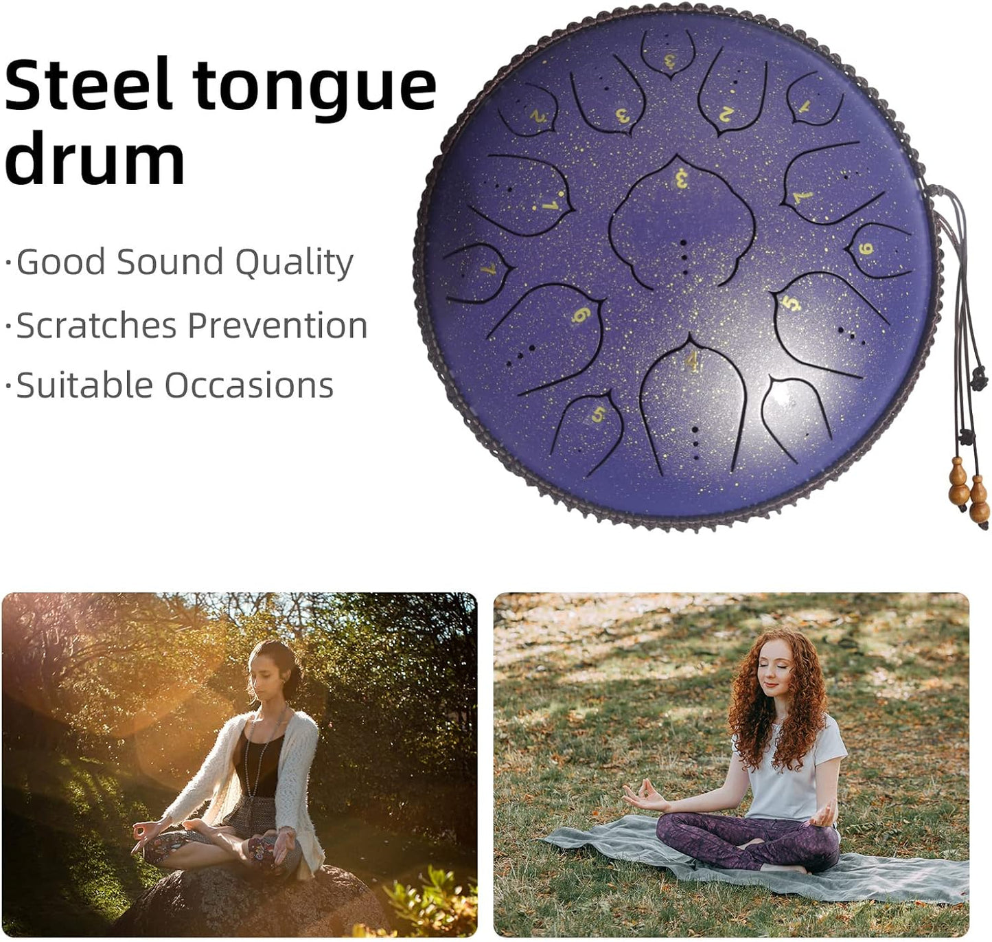 Steel Tongue Drum, 14 Inch 15 Notes Steel Drum, Adult's Ethereal Drum, D Major Percussion Instrument with Scale Stickers, Music Book,Double Mallets&Drum Bag, Starry-purple