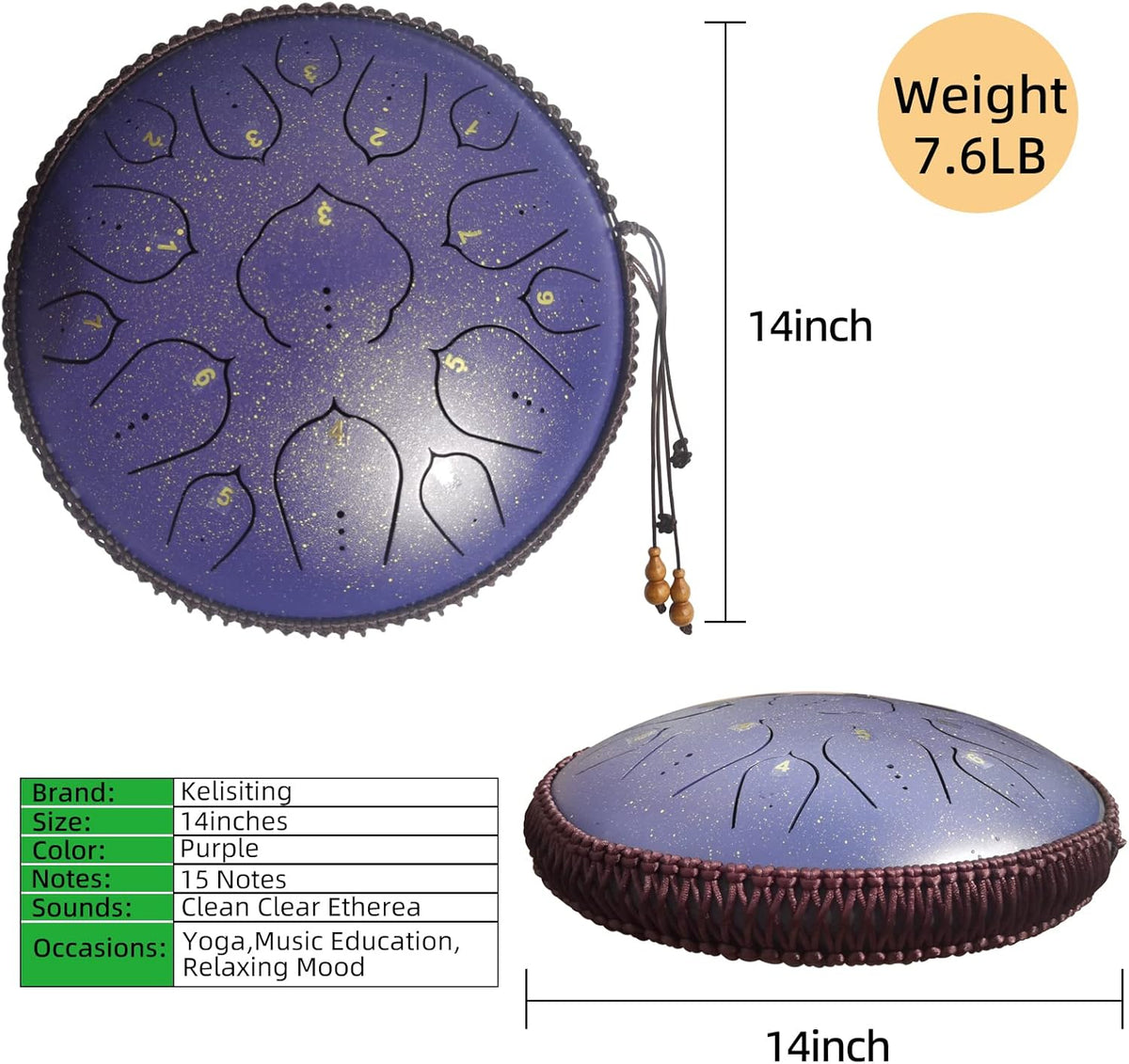 Steel Tongue Drum, 14 Inch 15 Notes Steel Drum, Adult's Ethereal Drum, D Major Percussion Instrument with Scale Stickers, Music Book,Double Mallets&Drum Bag, Starry-purple