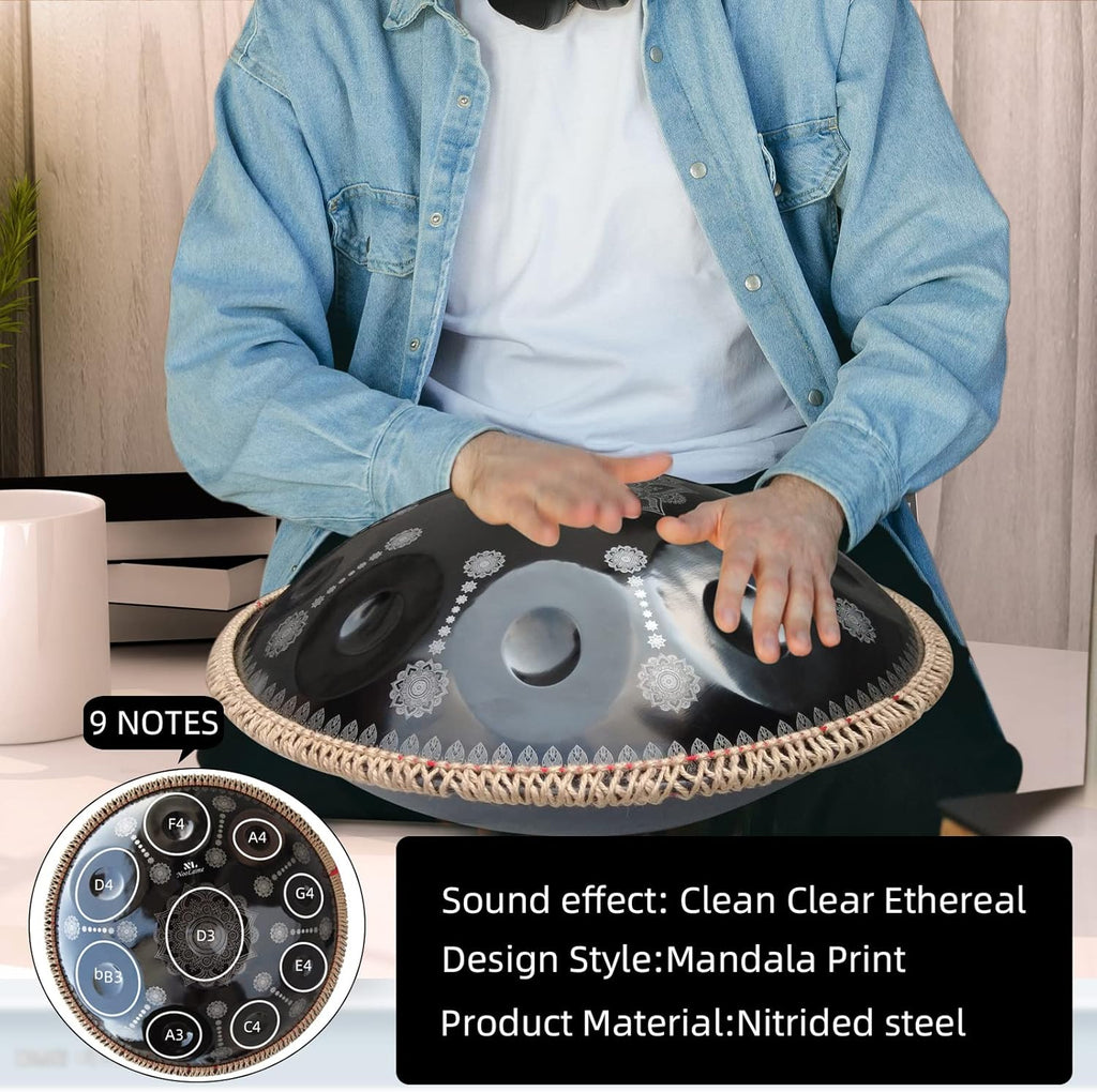 432HZ Handpan Set-Premium 22 Inches 9 Sounds D Minor Steel Hand Pan, Handpan Drum Instrument for Adults,Print Black