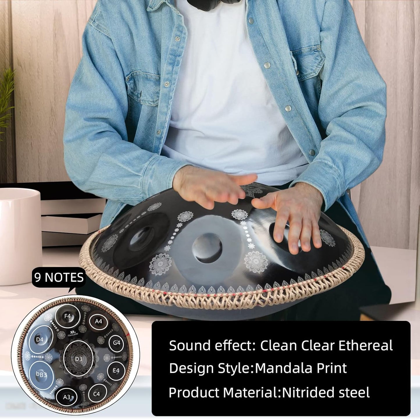 432HZ Handpan Set-Premium 22 Inches 9 Sounds D Minor Steel Hand Pan, Handpan Drum Instrument for Adults,Print Black