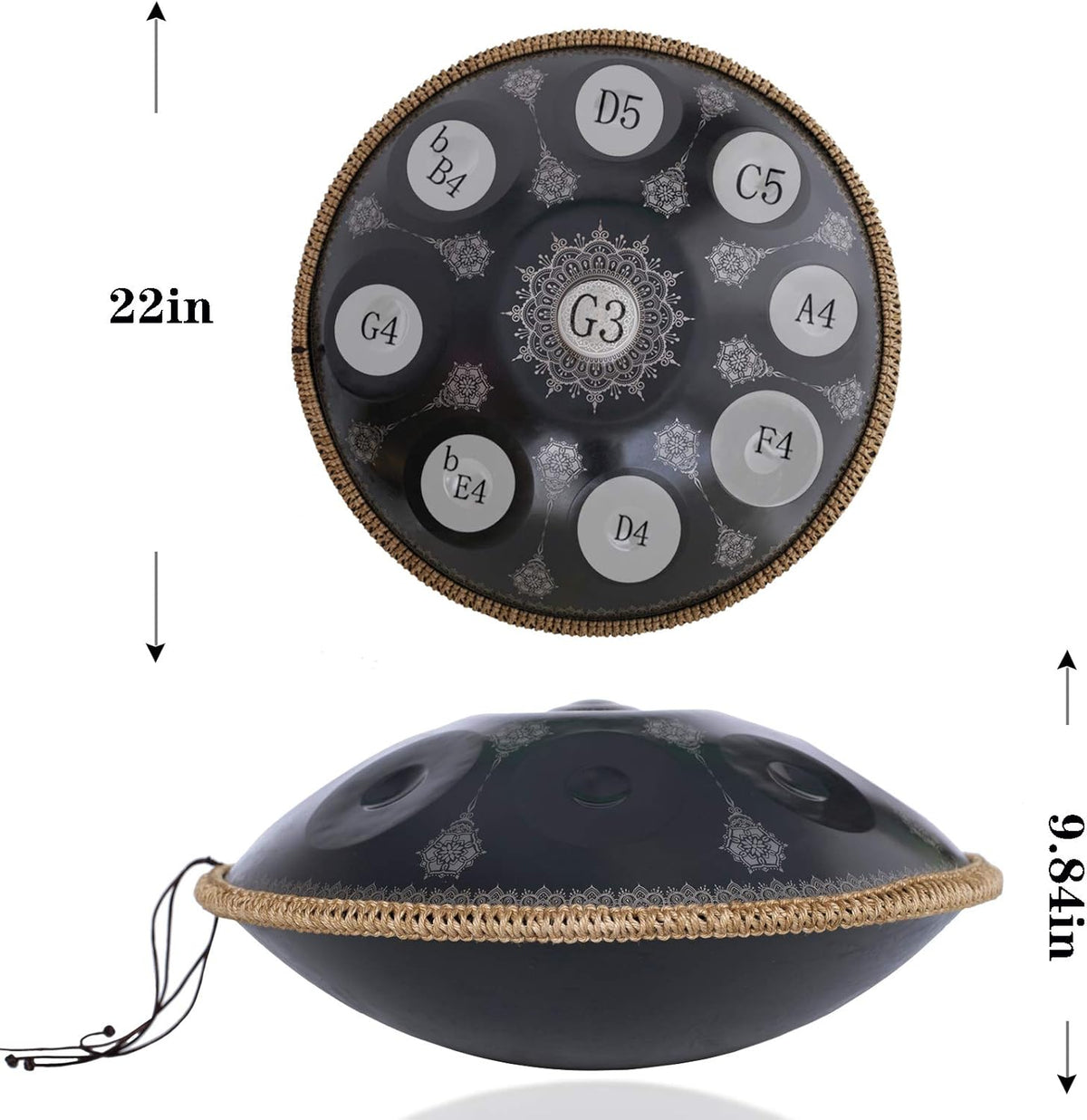 Handpan-Classic 10 Notes Black Print Hand Pan,Premium 432HZ 22 Inches D Minor Steel Handpan Drum Set,Adult's Music Steel Pan Instrument