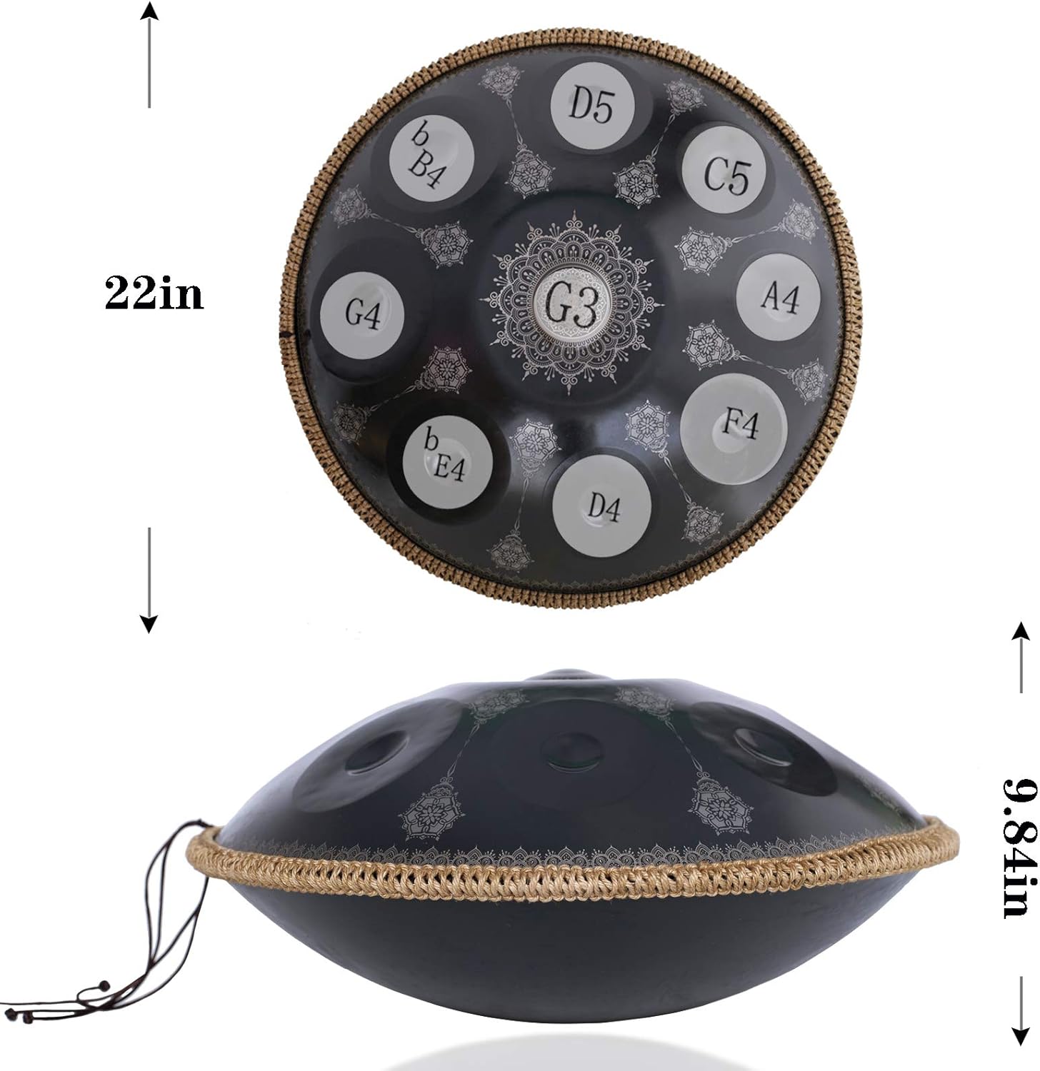 Handpan-Classic 10 Notes Black Print Hand Pan,Premium 432HZ 22 Inches D Minor Steel Handpan Drum Set,Adult's Music Steel Pan Instrument