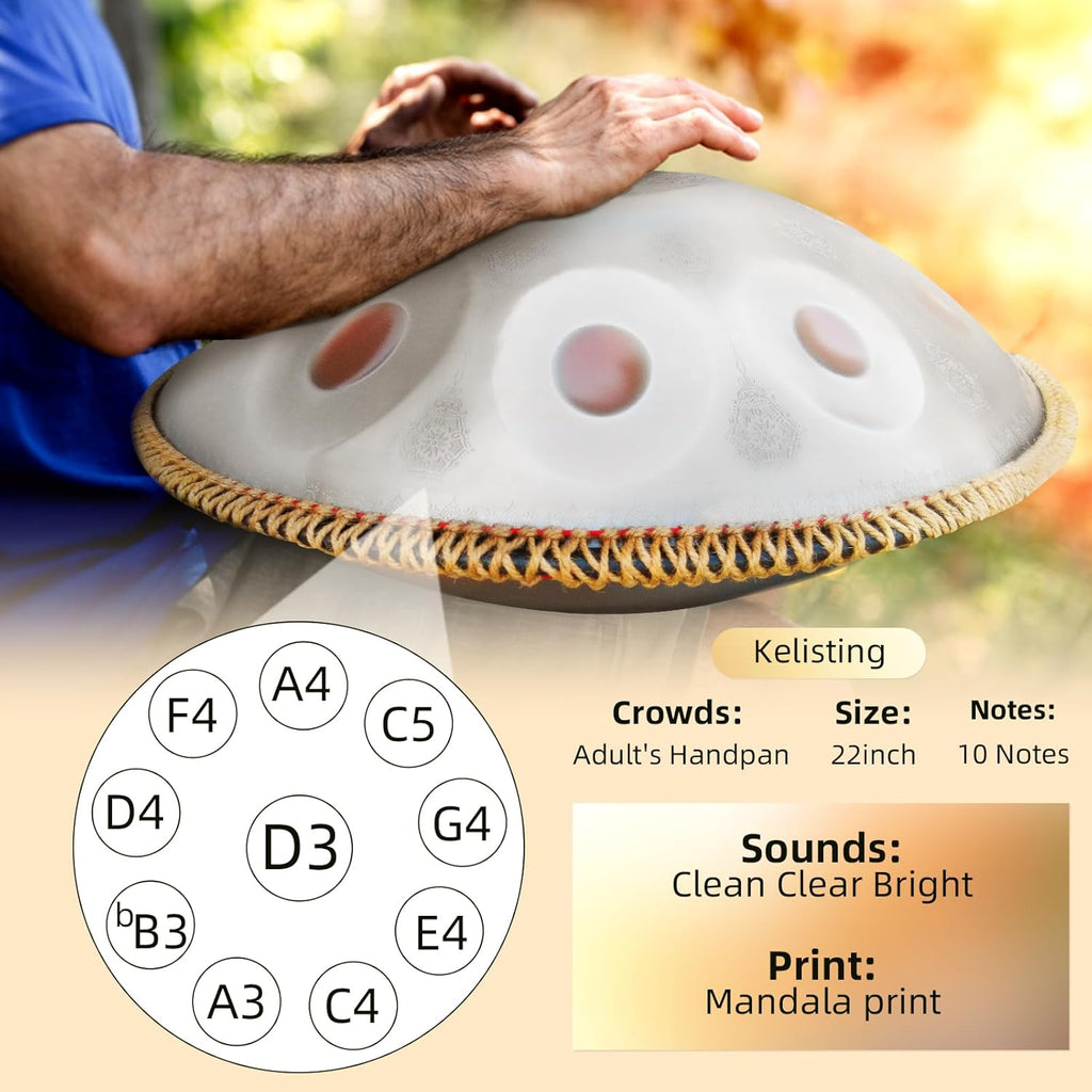 Handpan Drum,22inch 10 Sounds D Minor Silver Print 432hz Handpan, Adult's Steel Hand Pan Instrument, Sounds Clean Clear Ethereal
