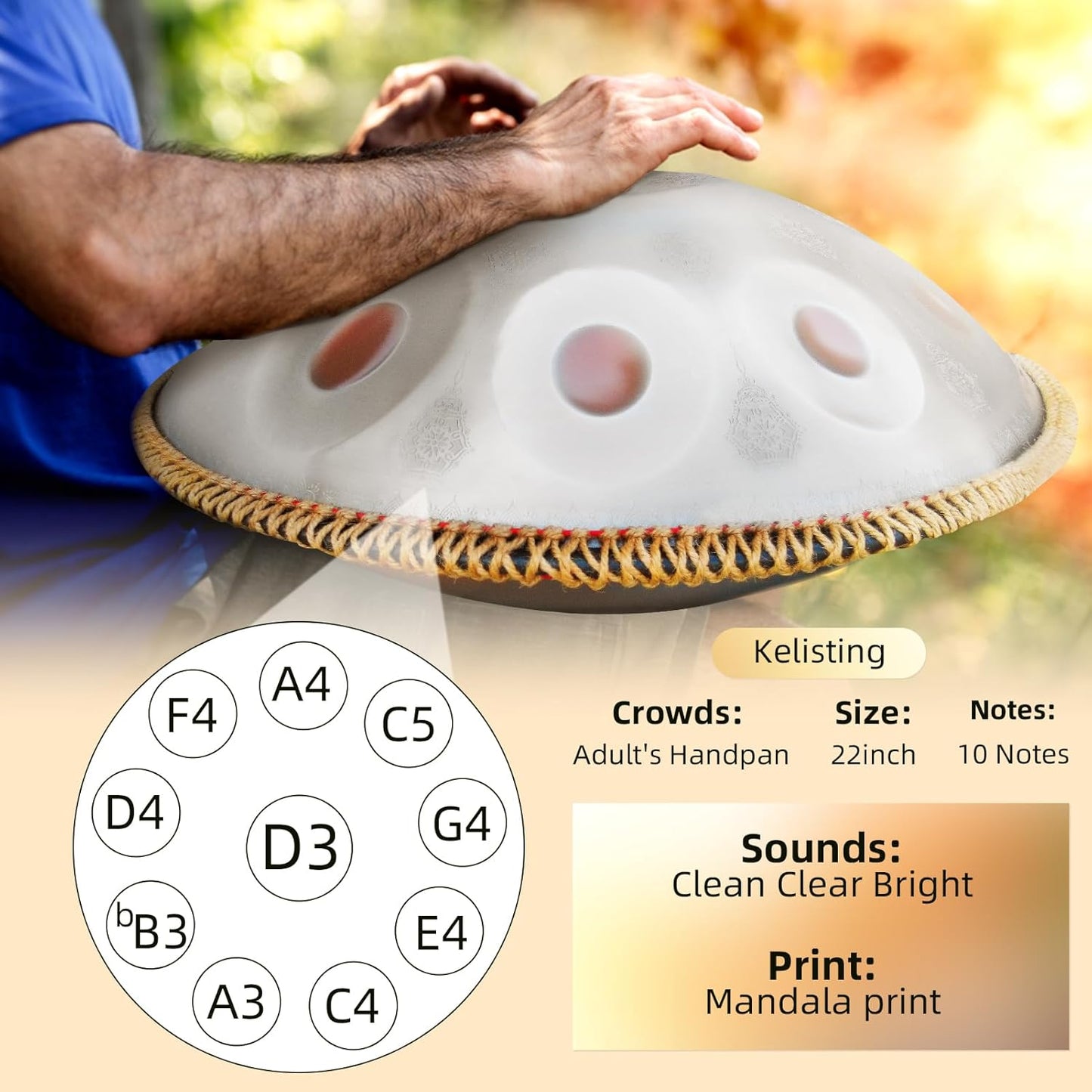 Handpan Drum,22inch 10 Sounds D Minor Silver Print 432hz Handpan, Adult's Steel Hand Pan Instrument, Sounds Clean Clear Ethereal