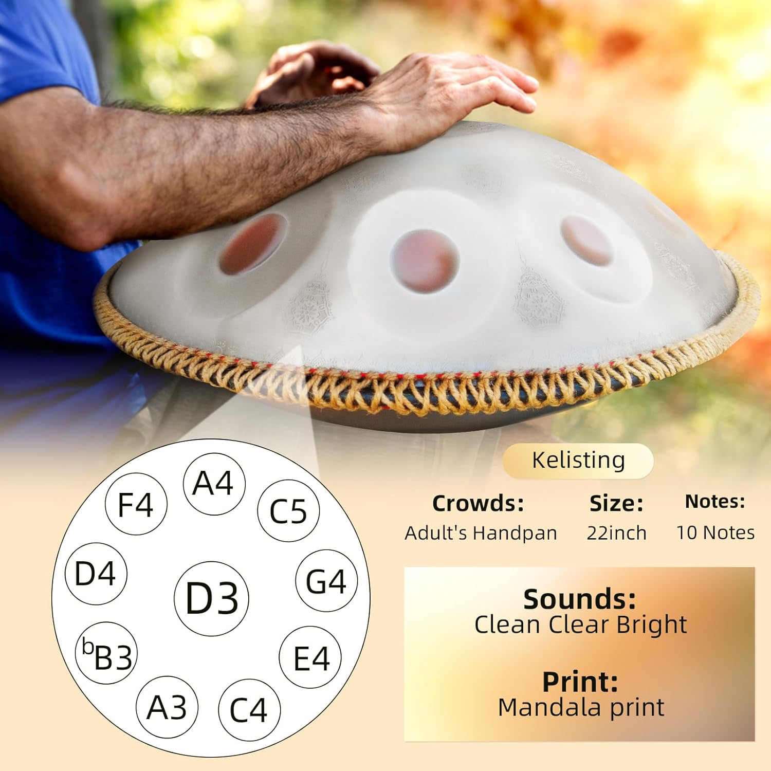 Handpan Drum,22inch 10 Sounds D Minor Silver Print 432hz Handpan, Adult's Steel Hand Pan Instrument, Sounds Clean Clear Ethereal