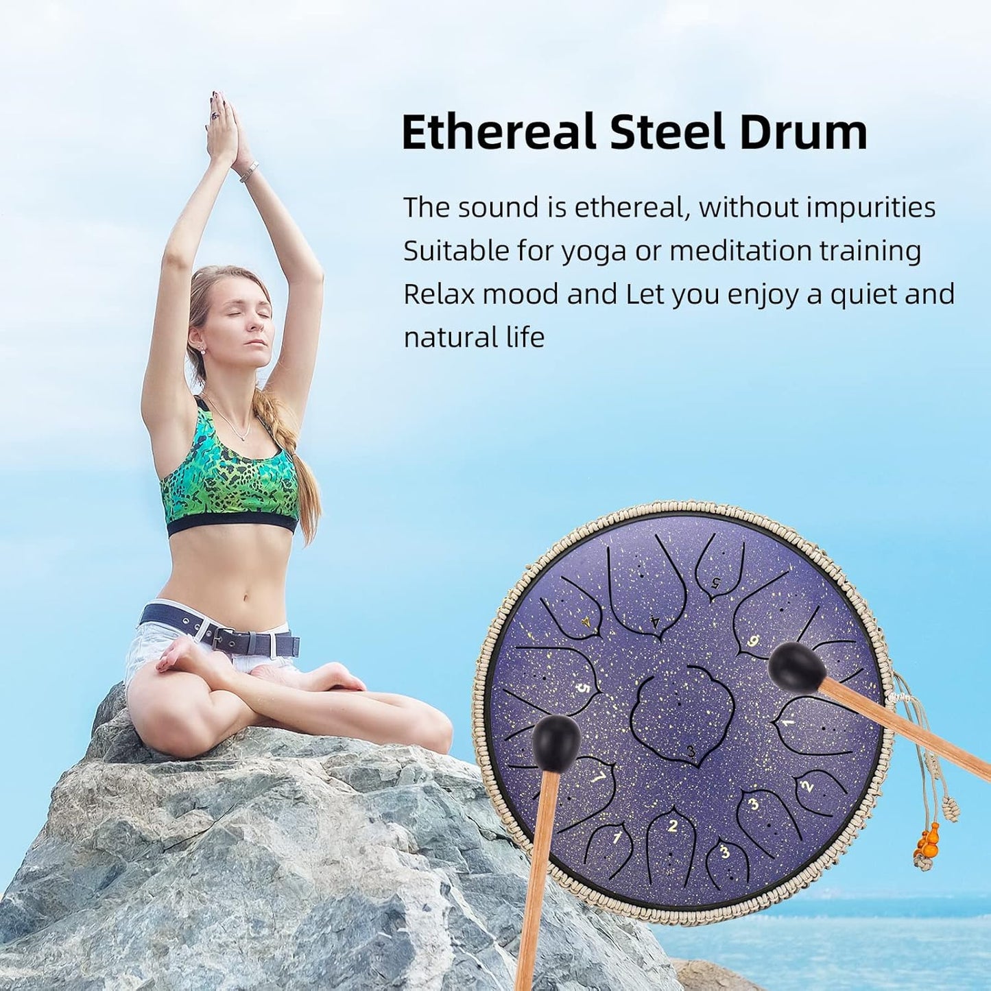 Steel Tongue Drum, 14 Inch 15 Notes Steel Drum, Adult's Ethereal Drum, D Major Percussion Instrument with Scale Stickers, Music Book,Double Mallets&Drum Bag, Starry-purple