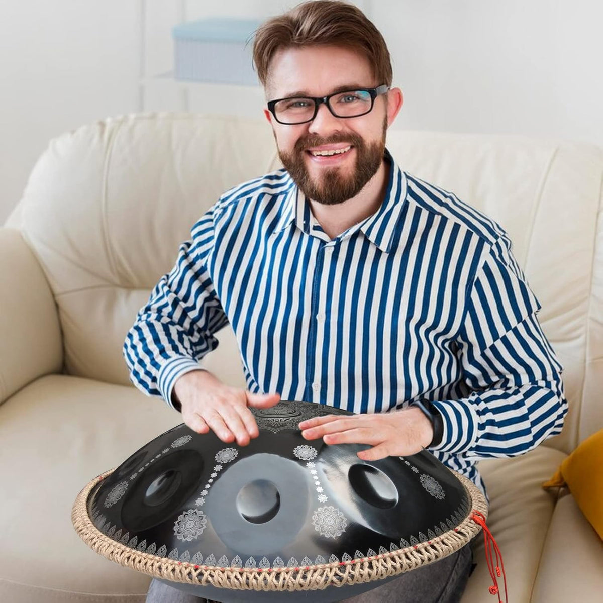 432HZ Handpan Set-Premium 22 Inches 9 Sounds D Minor Steel Hand Pan, Handpan Drum Instrument for Adults,Print Black