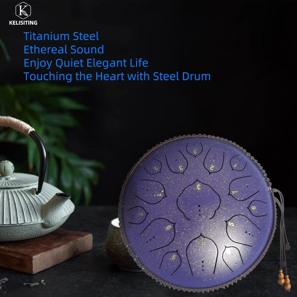 Steel Tongue Drum, 14 Inch 15 Notes Steel Drum, Adult's Ethereal Drum, D Major Percussion Instrument with Scale Stickers, Music Book,Double Mallets&Drum Bag, Starry-purple