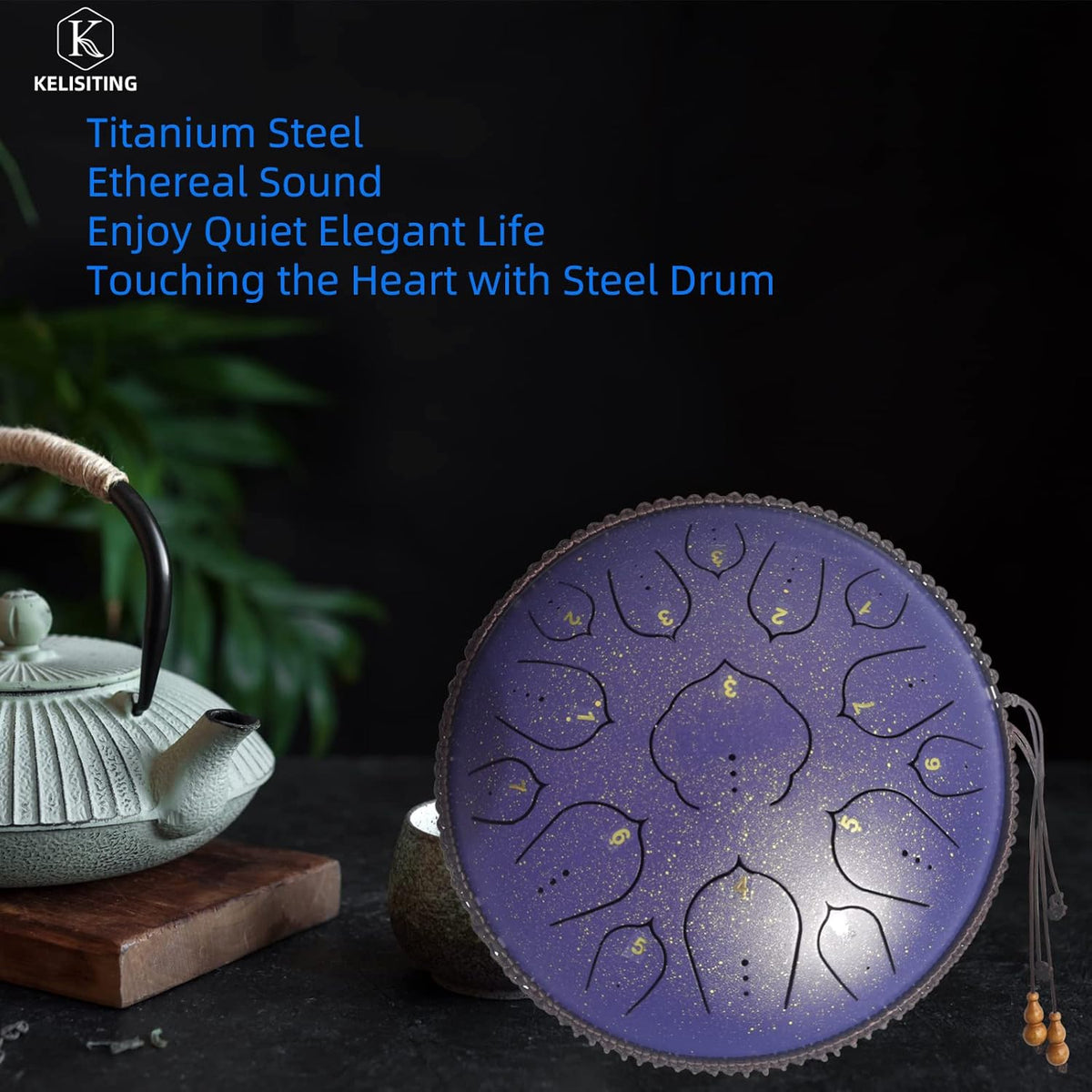 Steel Tongue Drum, 14 Inch 15 Notes Steel Drum, Adult's Ethereal Drum, D Major Percussion Instrument with Scale Stickers, Music Book,Double Mallets&Drum Bag, Starry-purple