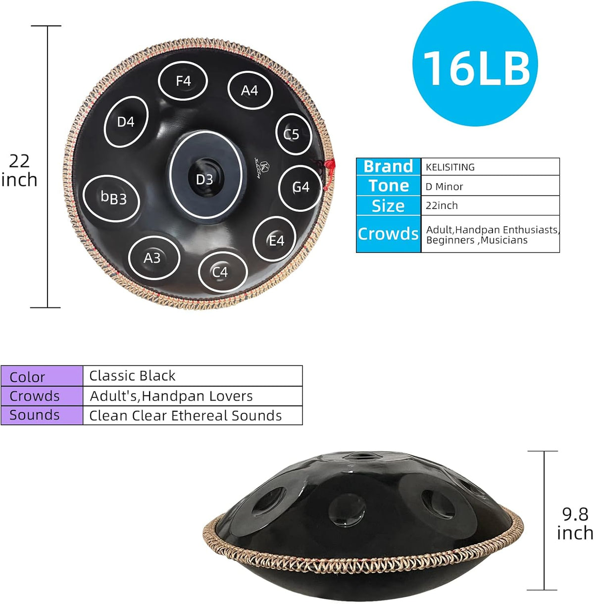 Handpan 432HZ, 10 Sounds 22 Inches D Minor Handpan Drum, Premium Steel Hand Pan Instrument for Adults, Classic Black