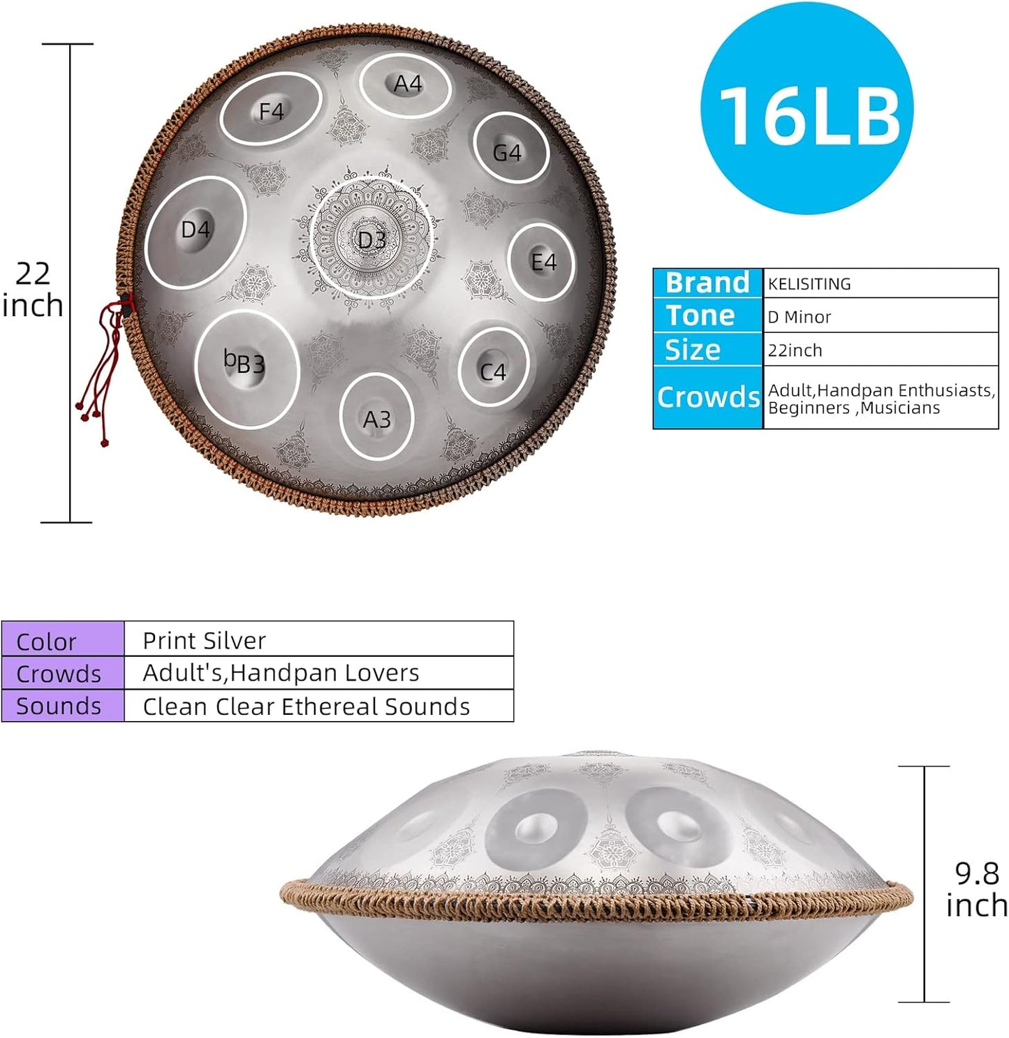 Handpan-Premium 432HZ 22 Inches 10 Notes D Minor Steel Hand Pan Drum Set,Silver Print Adults Handpan Drum