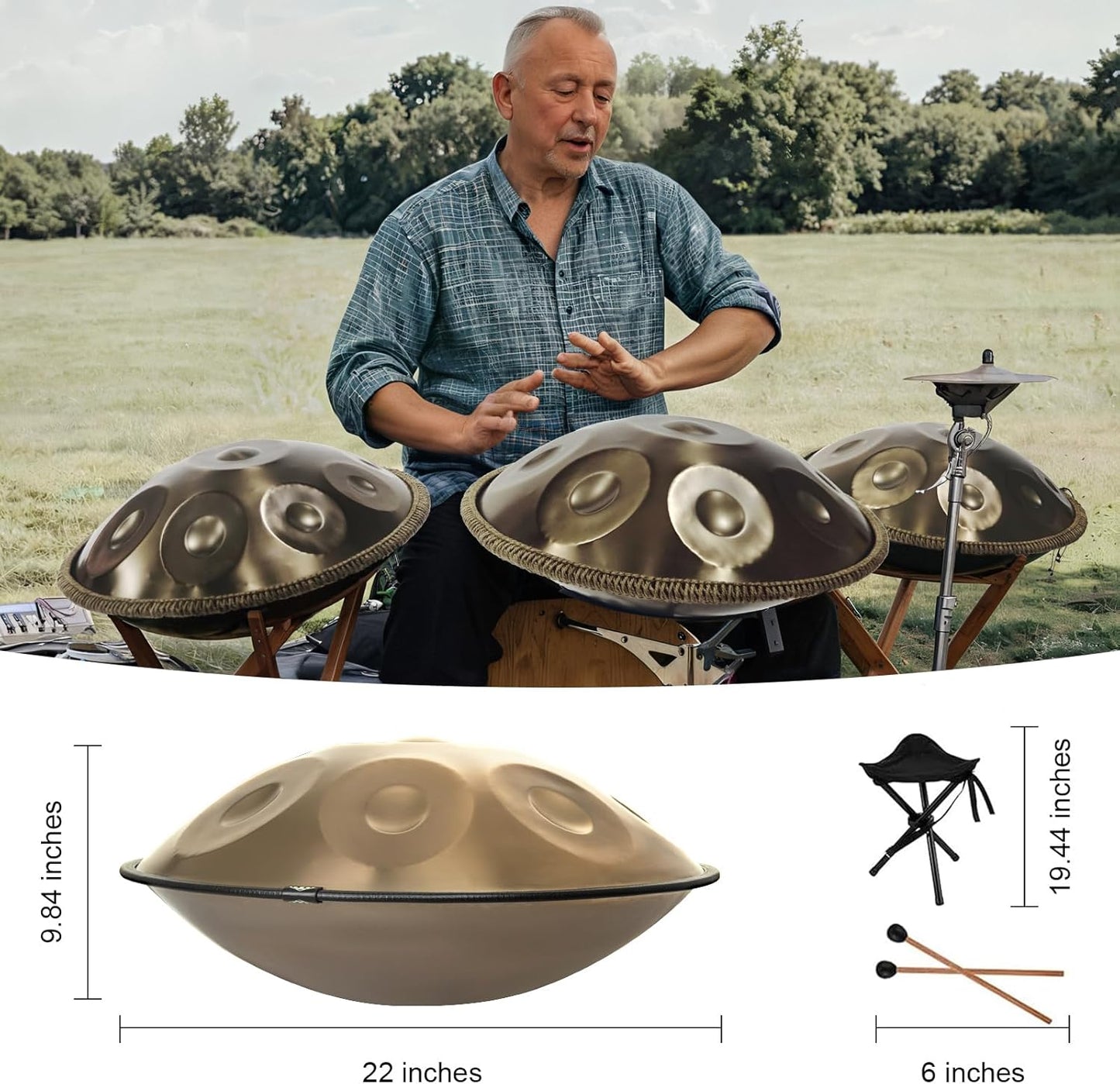 Handpan Drum 22 Inches D Minor Kurd, 432Hz 10 Notes Hand Drum Instrument, Premium Steel Drum, Handpan Instrument for Adults , Gold