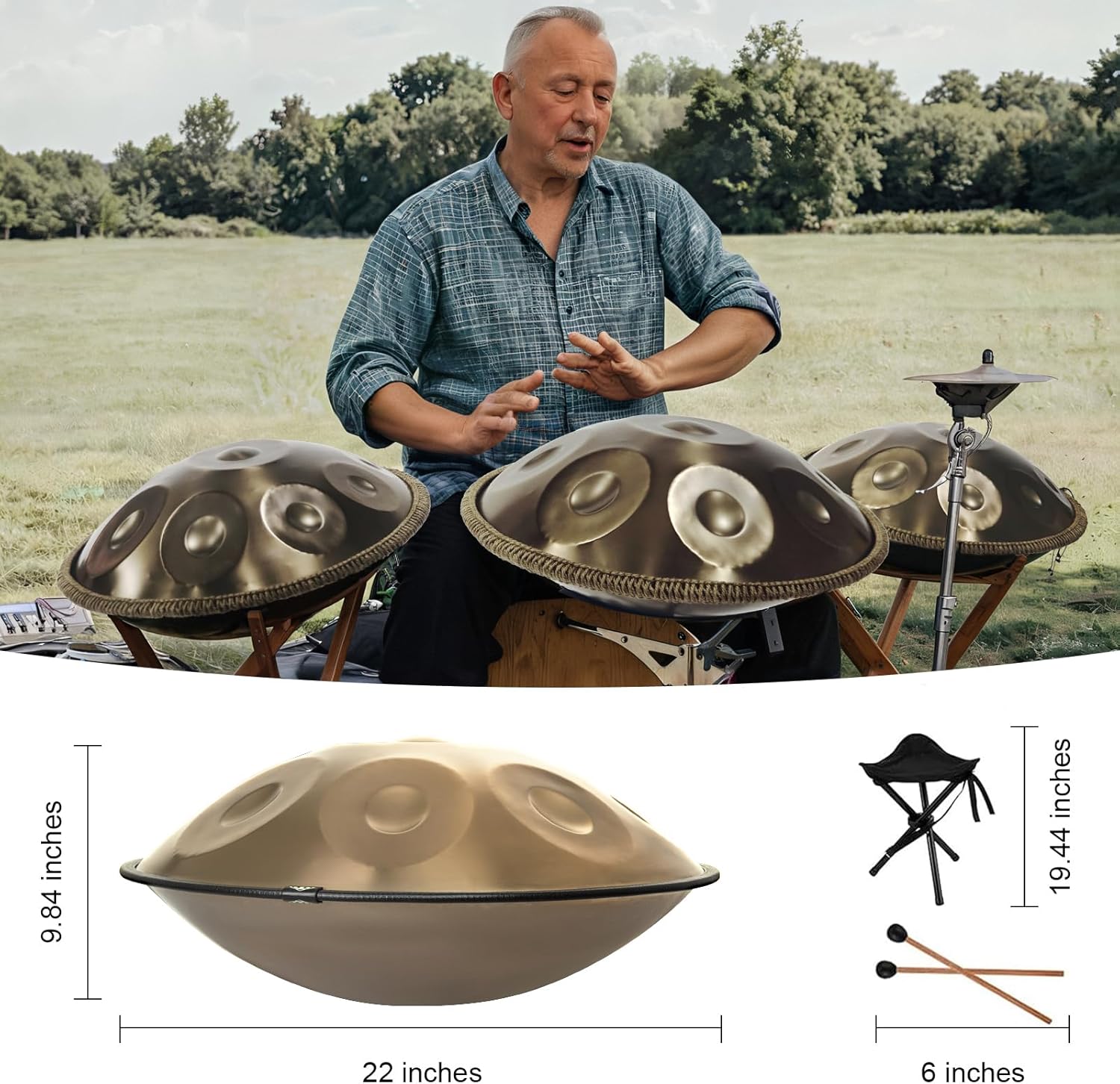 Handpan Drum 22 Inches D Minor Kurd, 432Hz 10 Notes Hand Drum Instrument, Premium Steel Drum, Handpan Instrument for Adults , Gold