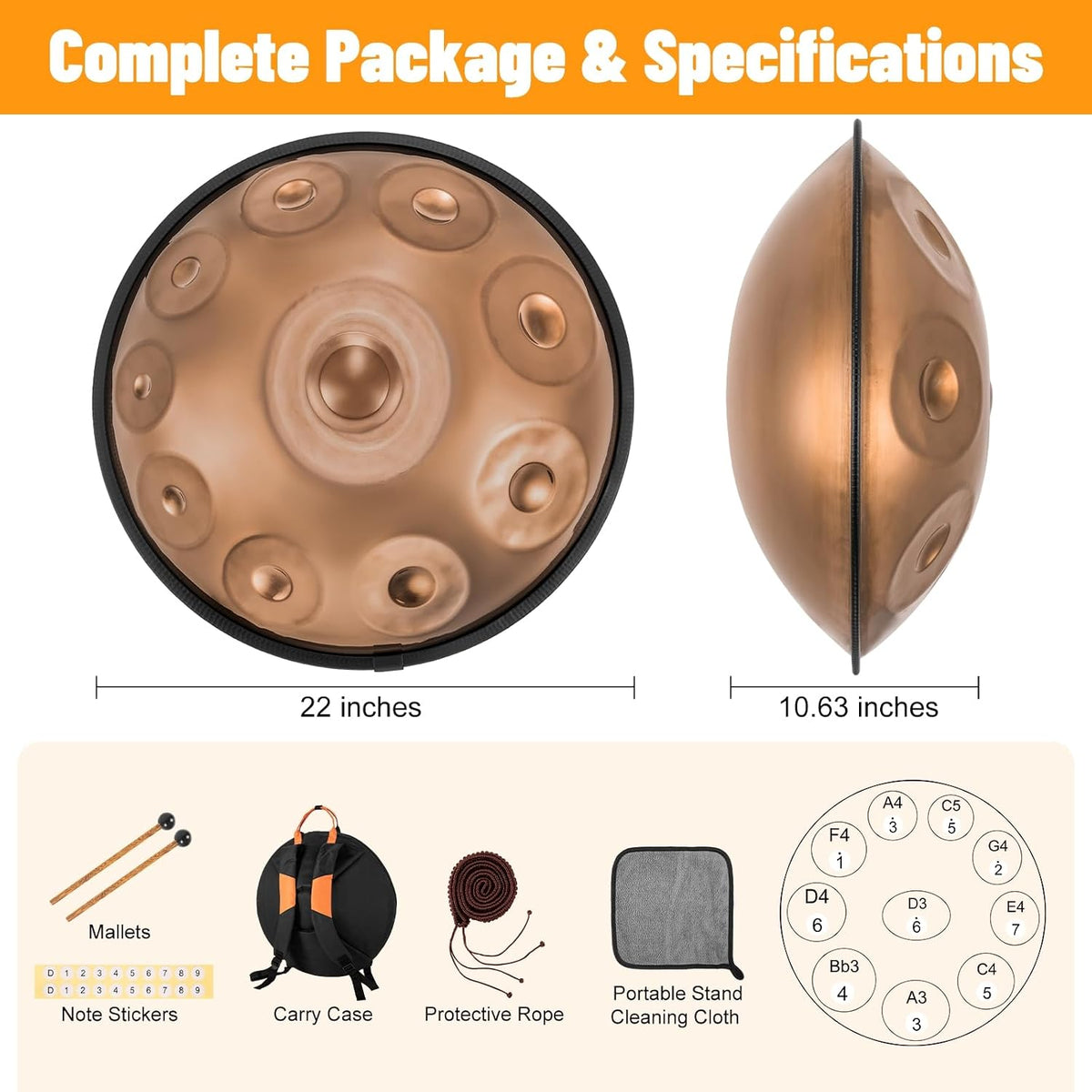 Professional 22 inches Handpan Drum 432Hz, 10 Notes D Minor Kurd (Gold) | ±3 Cents Precision, Nitrided Steel, 10.63" Enhanced Chamber, Superior Rust Resistance, Deep Ethereal Resonance, Complete Kit