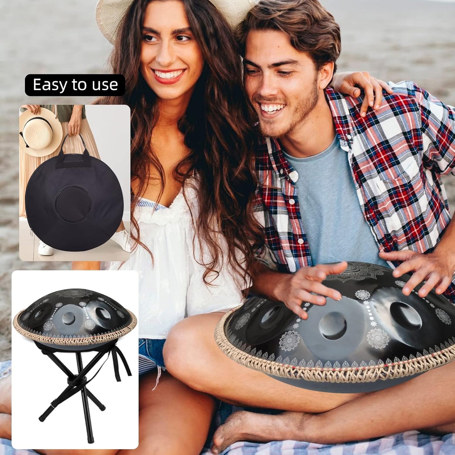 432HZ Handpan Set-Premium 22 Inches 9 Sounds D Minor Steel Hand Pan, Handpan Drum Instrument for Adults,Print Black