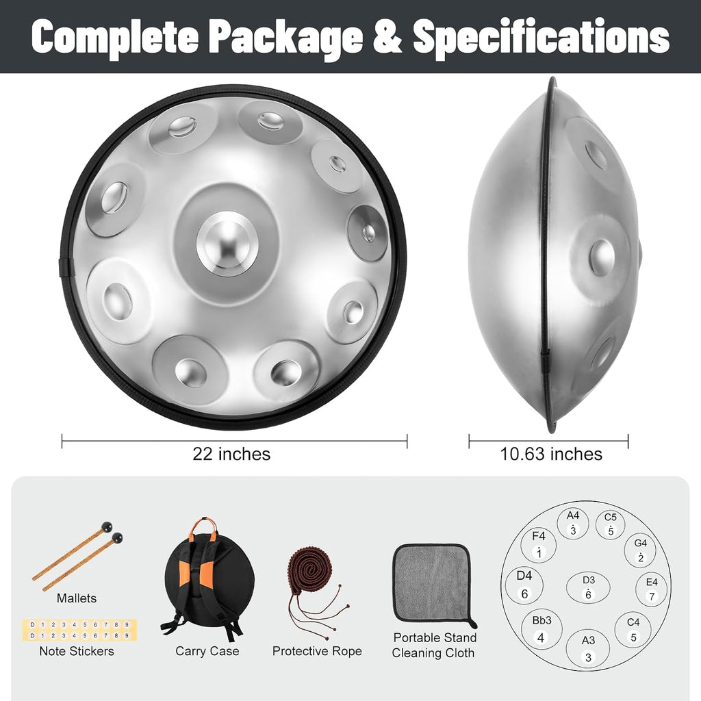 Professional 22 inches Handpan Drum 432Hz, 10 Notes D Minor Kurd (Silver) | ±3 Cents Precision, Nitrided Steel, 10.63" Enhanced Chamber, Superior Rust Resistance, Deep Ethereal Resonance, Complete Kit