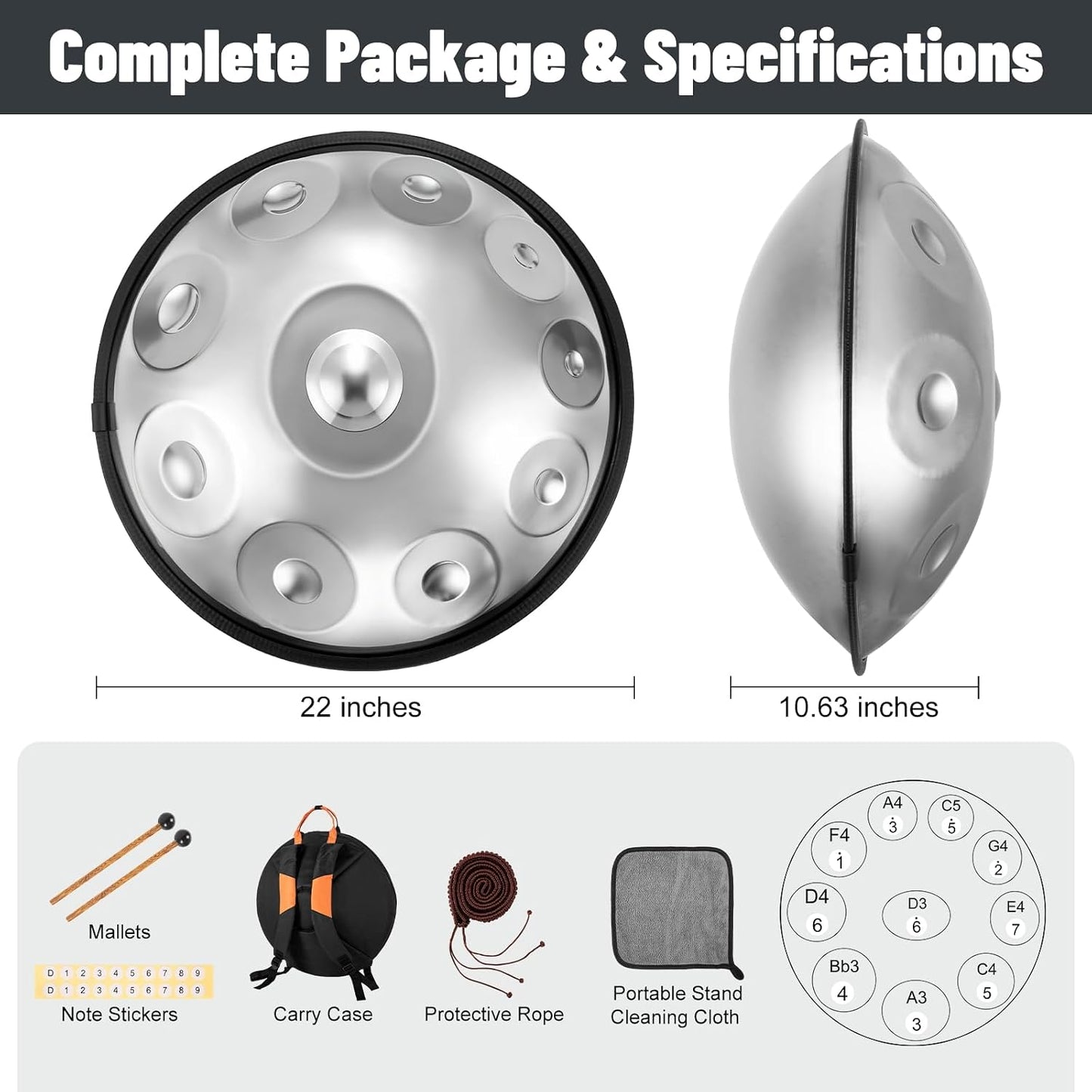 Professional 22 inches Handpan Drum 432Hz, 10 Notes D Minor Kurd (Silver) | ±3 Cents Precision, Nitrided Steel, 10.63" Enhanced Chamber, Superior Rust Resistance, Deep Ethereal Resonance, Complete Kit