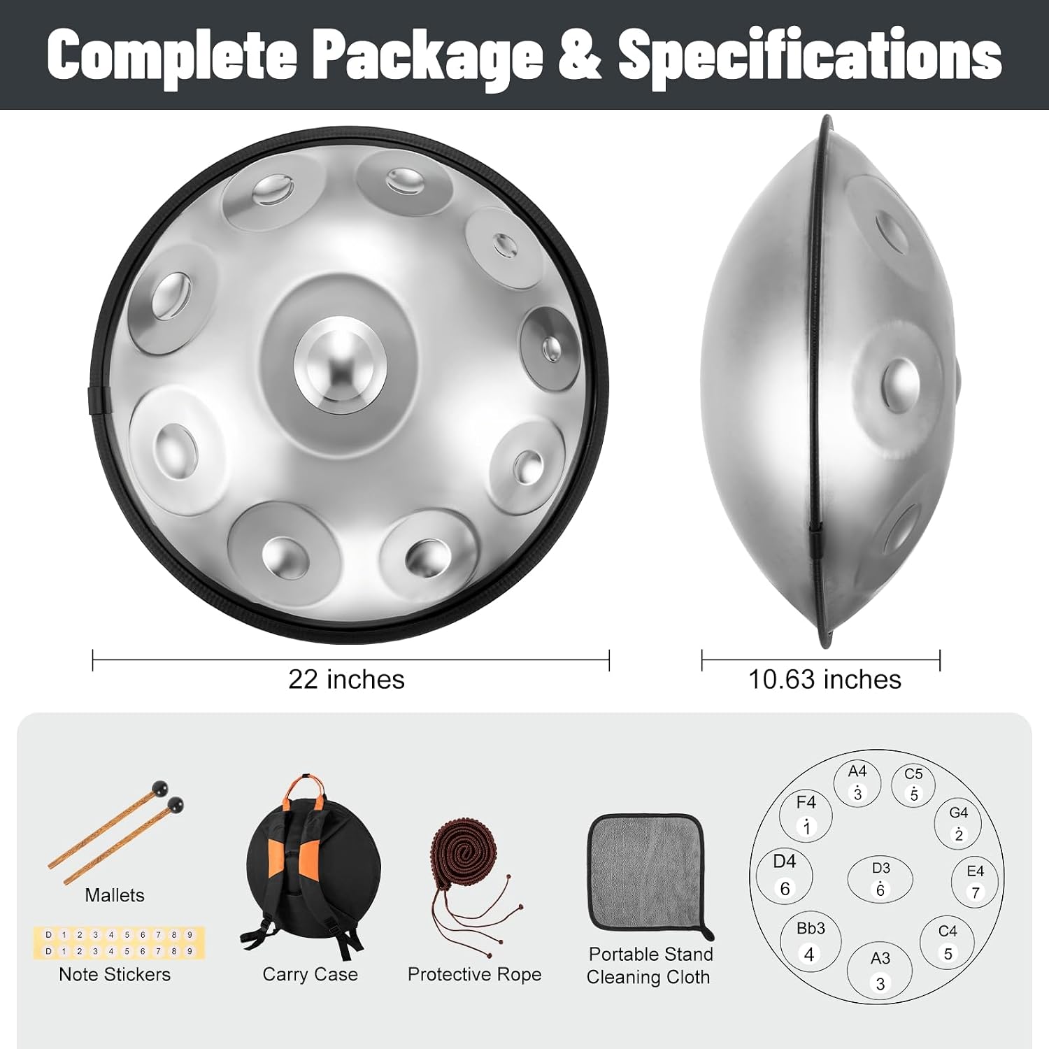 Professional 22 inches Handpan Drum 432Hz, 10 Notes D Minor Kurd (Silver) | ±3 Cents Precision, Nitrided Steel, 10.63" Enhanced Chamber, Superior Rust Resistance, Deep Ethereal Resonance, Complete Kit