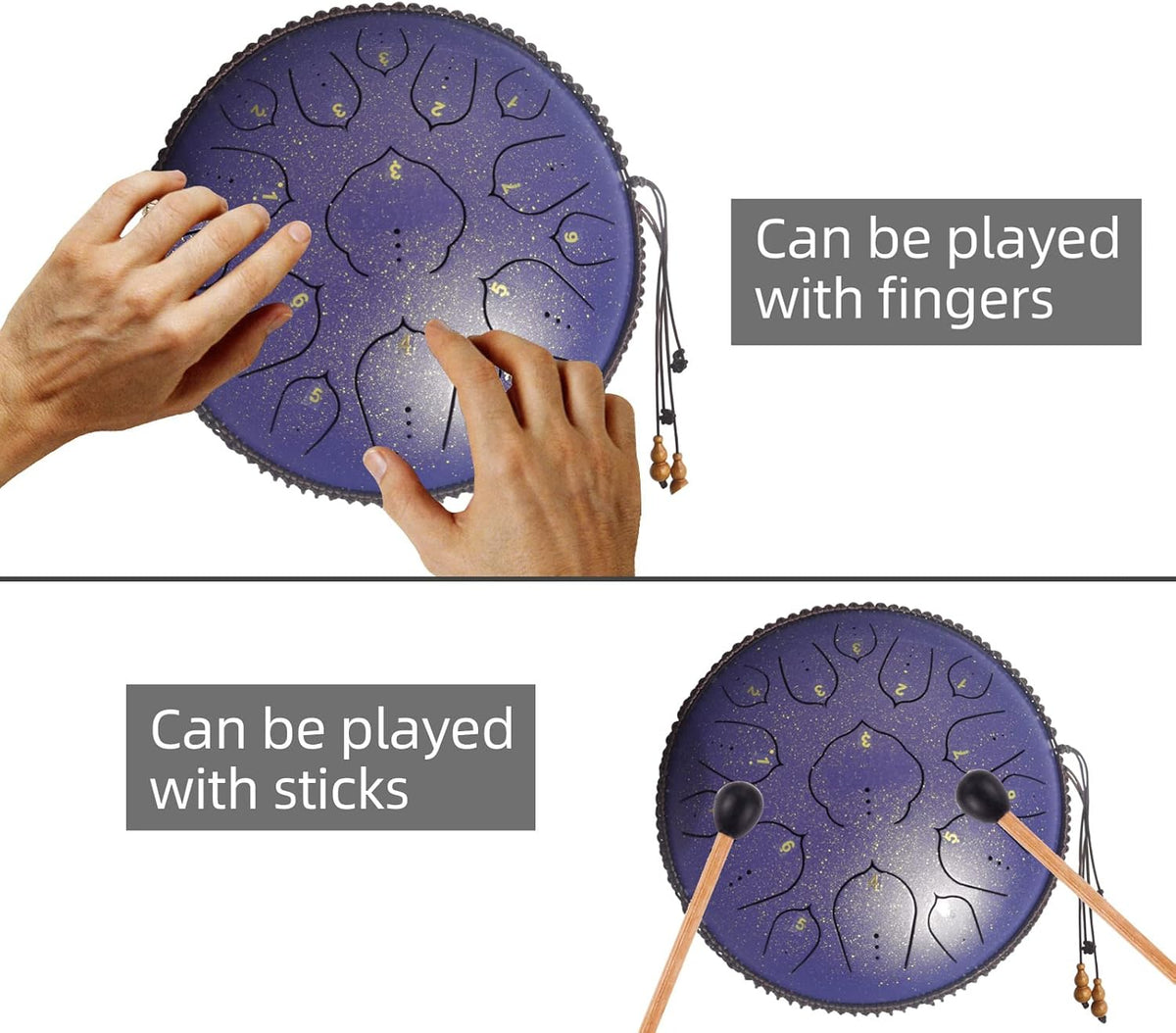 Steel Tongue Drum, 14 Inch 15 Notes Steel Drum, Adult's Ethereal Drum, D Major Percussion Instrument with Scale Stickers, Music Book,Double Mallets&Drum Bag, Starry-purple