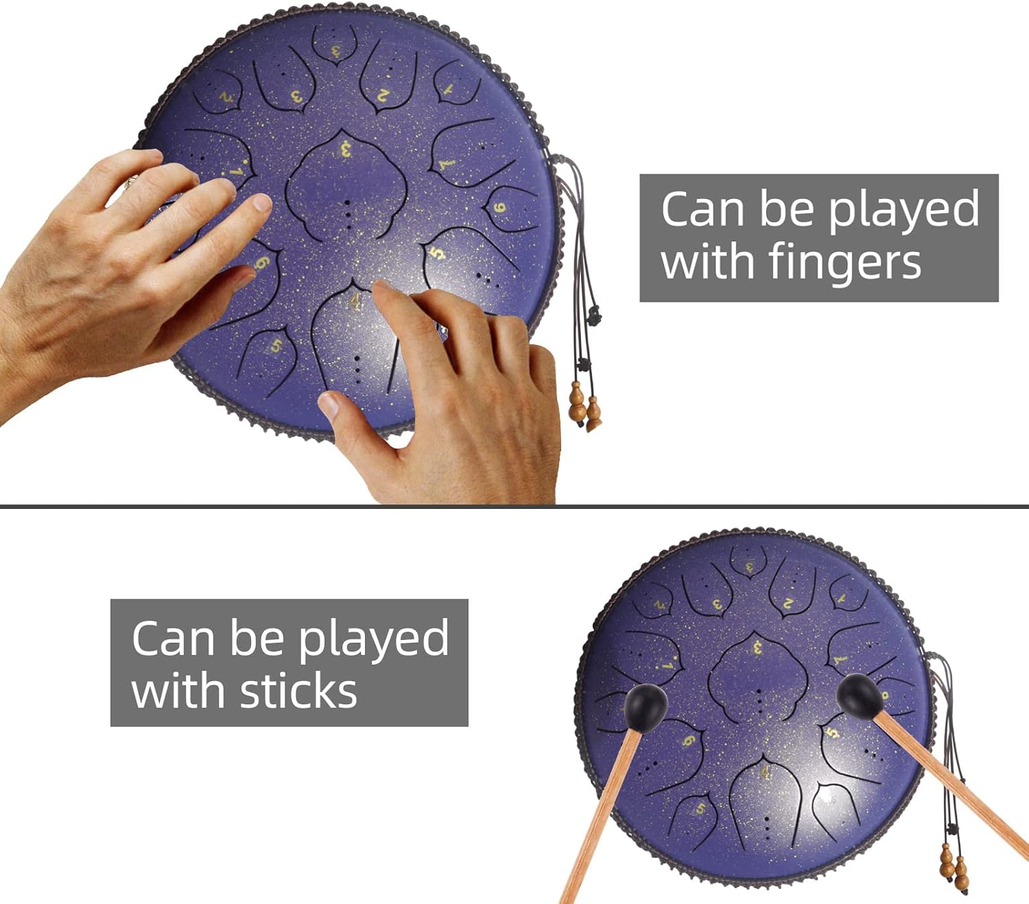Steel Tongue Drum, 14 Inch 15 Notes Steel Drum, Adult's Ethereal Drum, D Major Percussion Instrument with Scale Stickers, Music Book,Double Mallets&Drum Bag, Starry-purple