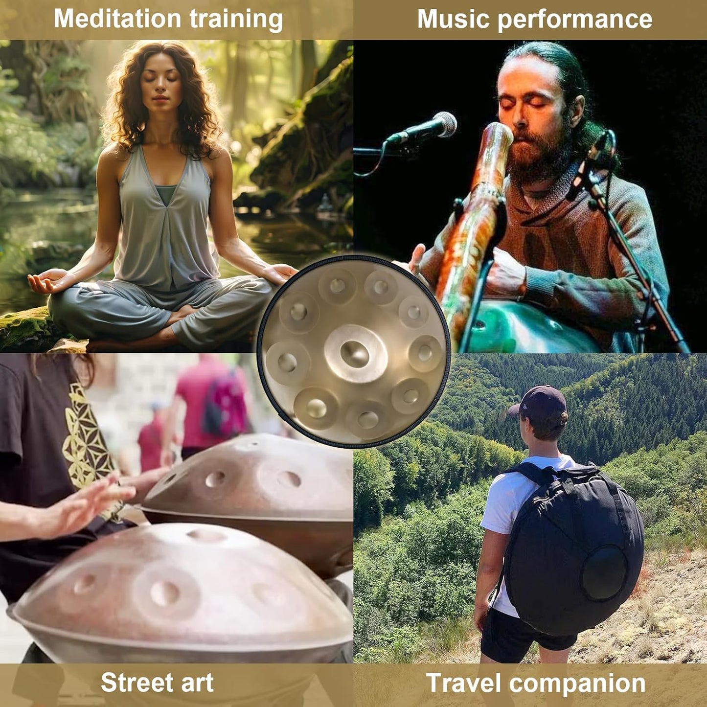 Handpan Drum 22 Inches D Minor Kurd, 432Hz 10 Notes Hand Drum Instrument, Premium Steel Drum, Handpan Instrument for Adults , Gold