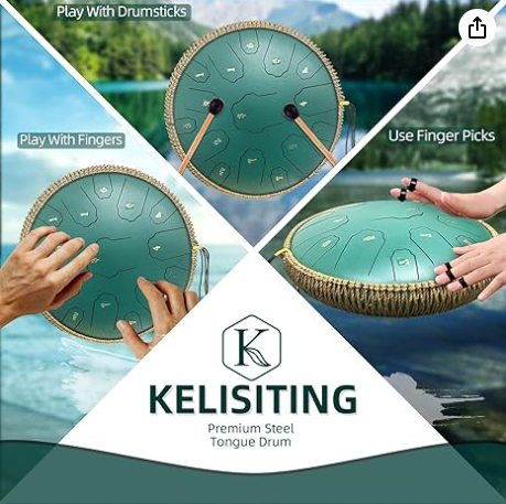 Steel Tongue Drum,14 Inch 15 Notes Steel Drum,Adult's Ethereal Drum,D Major Percussion Instrument with Scale Stickers,Music Book,Double Mallets&Drum Bag,Olive-green