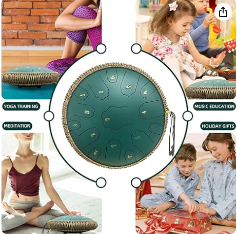 Steel Tongue Drum,14 Inch 15 Notes Steel Drum,Adult's Ethereal Drum,D Major Percussion Instrument with Scale Stickers,Music Book,Double Mallets&Drum Bag,Olive-green