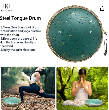 Steel Tongue Drum,14 Inch 15 Notes Steel Drum,Adult's Ethereal Drum,D Major Percussion Instrument with Scale Stickers,Music Book,Double Mallets&Drum Bag,Olive-green