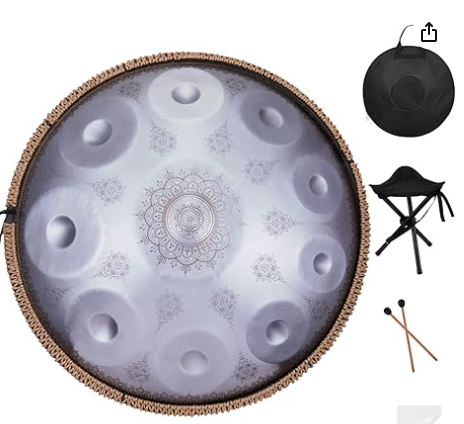Steel Tongue Drum,14 Inch 15 Notes Steel Drum,Adult's Ethereal Drum,D Major Percussion Instrument with Scale Stickers,Music Book,Double Mallets&Drum Bag,Olive-green