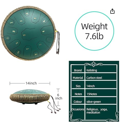 Steel Tongue Drum,14 Inch 15 Notes Steel Drum,Adult's Ethereal Drum,D Major Percussion Instrument with Scale Stickers,Music Book,Double Mallets&Drum Bag,Olive-green
