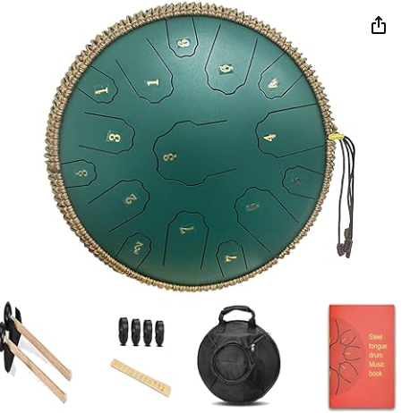 Steel Tongue Drum,14 Inch 15 Notes Steel Drum,Adult's Ethereal Drum,D Major Percussion Instrument with Scale Stickers,Music Book,Double Mallets&Drum Bag,Olive-green