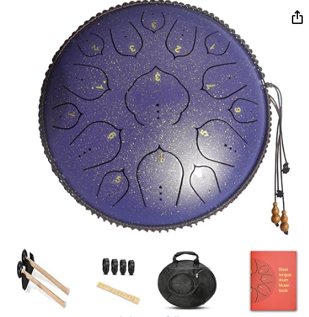 Steel Tongue Drum,14 Inch 15 Notes Steel Drum,Adult's Ethereal Drum,D Major Percussion Instrument with Scale Stickers,Music Book,Double Mallets&Drum Bag,Olive-green