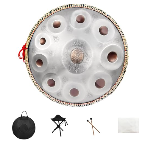 Steel Tongue Drum,14 Inch 15 Notes Steel Drum,Adult's Ethereal Drum,D Major Percussion Instrument with Scale Stickers,Music Book,Double Mallets&Drum Bag,Olive-green